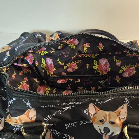 Betsy Johnson Black Weekender Duffle Corgi Print Bag w Adjustable Shoulder Strap - Picture 8 of 11